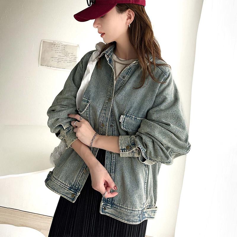 ジャケット ブルゾン レディース アウター 綿100％ デニム素材 ヴィンテージ感 ビッグシルエット カジュアル 重ね着 ロングシーズン 古着風 | classicalelf