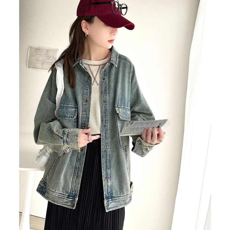 ジャケット ブルゾン レディース アウター 綿100％ デニム素材 ヴィンテージ感 ビッグシルエット カジュアル 重ね着 ロングシーズン 古着風 | classicalelf | 13