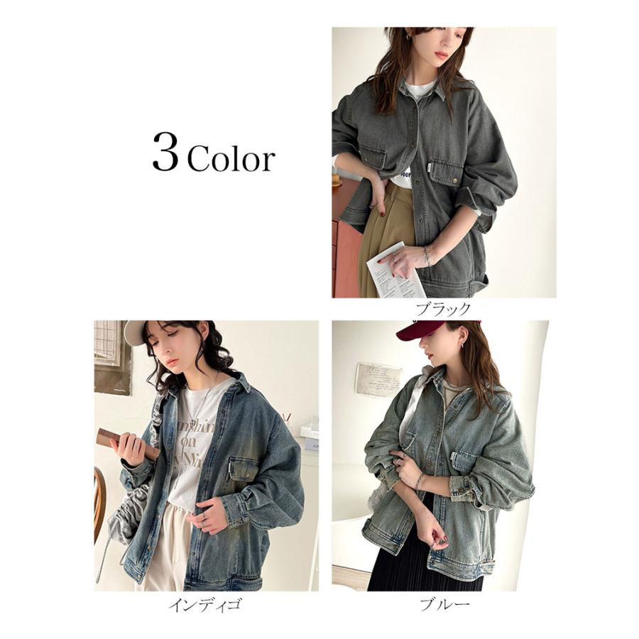 ジャケット ブルゾン レディース アウター 綿100％ デニム素材 ヴィンテージ感 ビッグシルエット カジュアル 重ね着 ロングシーズン 古着風 | classicalelf | 01