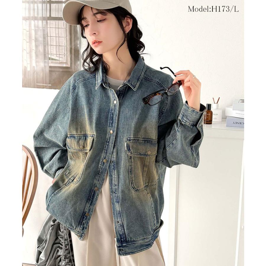 ジャケット ブルゾン レディース アウター 綿100％ デニム素材 ヴィンテージ感 ビッグシルエット カジュアル 重ね着 ロングシーズン 古着風 | classicalelf | 06