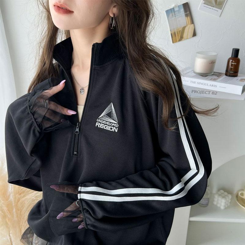 トップス ハーフジップ レディース チュール 刺繍 アノラック サイドライン ワンポイント スポーツ ドッキング アウター オーバーサイズ ゆったり | classicalelf