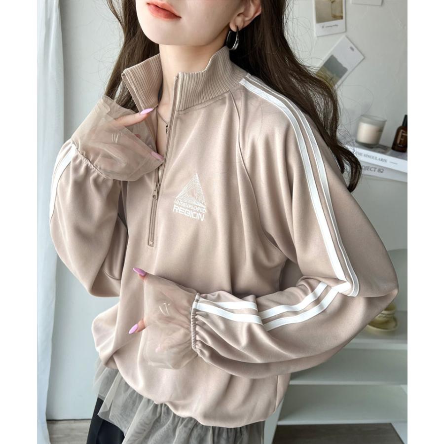 トップス ハーフジップ レディース チュール 刺繍 アノラック サイドライン ワンポイント スポーツ ドッキング アウター オーバーサイズ ゆったり | classicalelf | 13