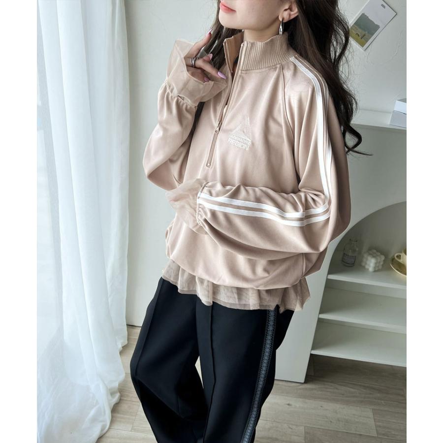 トップス ハーフジップ レディース チュール 刺繍 アノラック サイドライン ワンポイント スポーツ ドッキング アウター オーバーサイズ ゆったり | classicalelf | 14