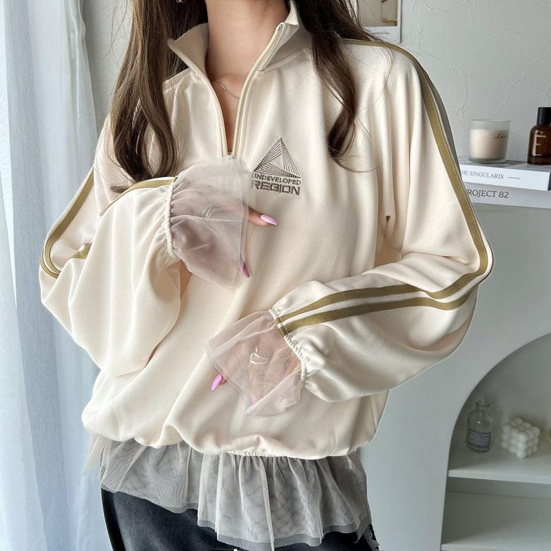 トップス ハーフジップ レディース チュール 刺繍 アノラック サイドライン ワンポイント スポーツ ドッキング アウター オーバーサイズ ゆったり | classicalelf | 17
