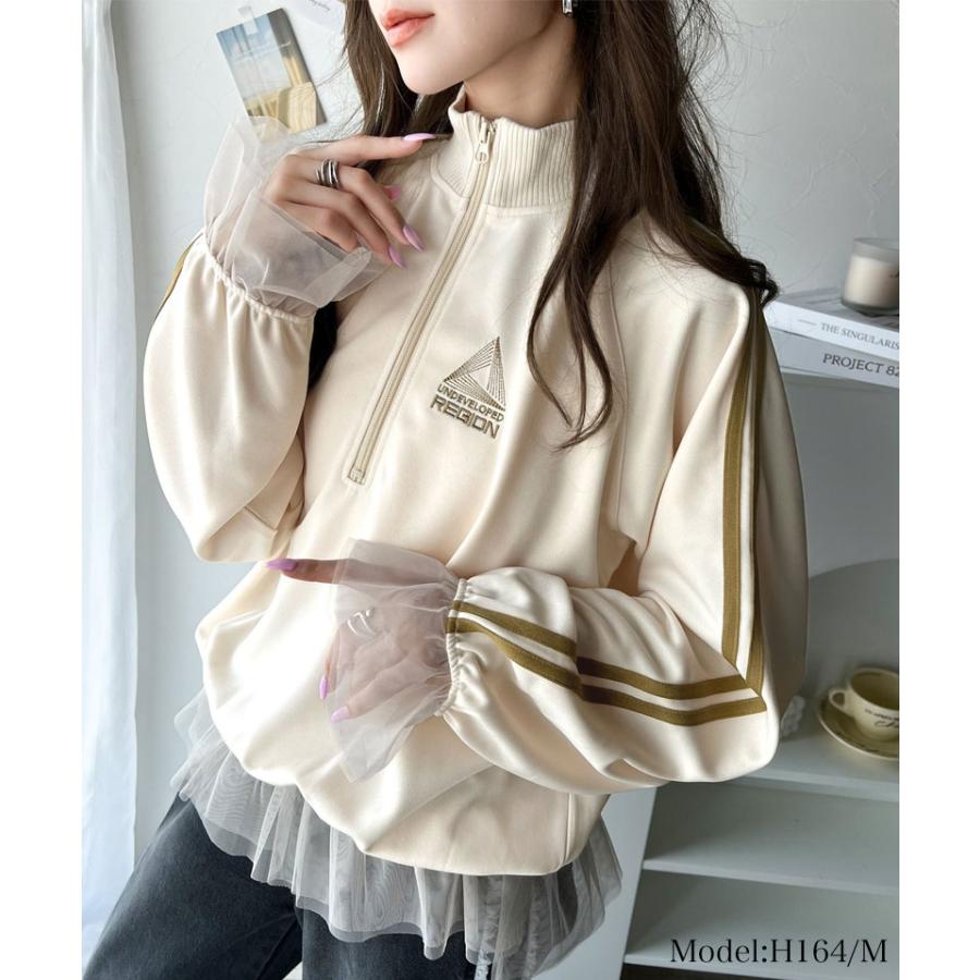 トップス ハーフジップ レディース チュール 刺繍 アノラック サイドライン ワンポイント スポーツ ドッキング アウター オーバーサイズ ゆったり | classicalelf | 02