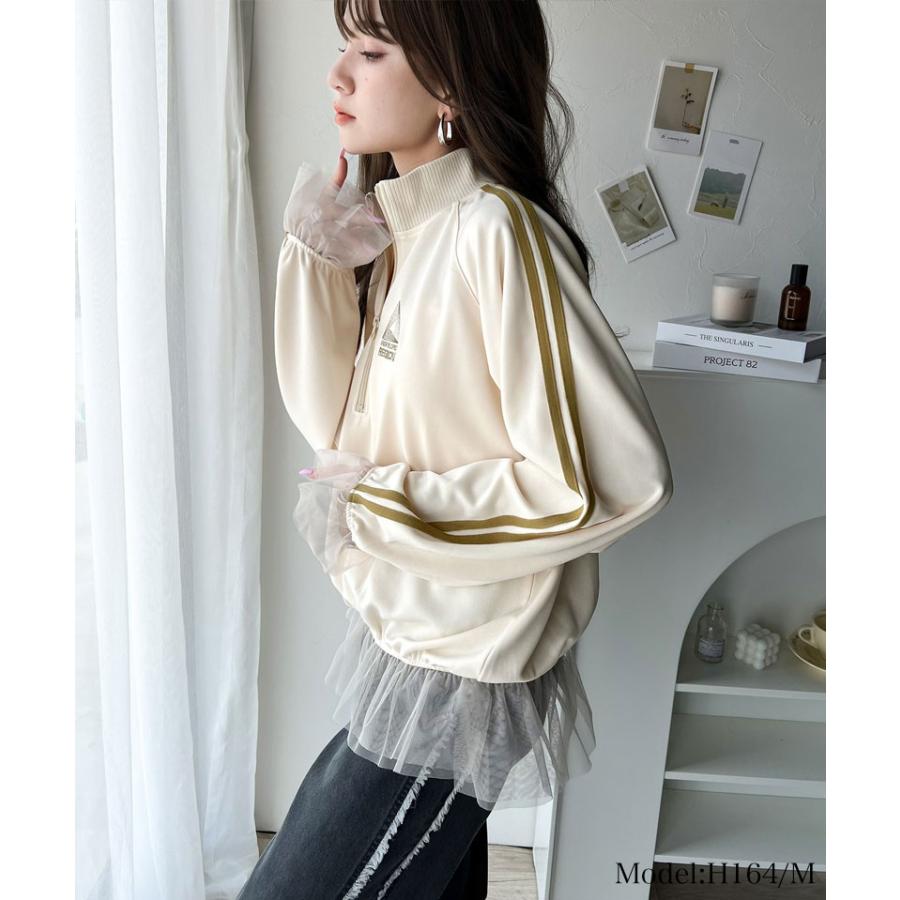 トップス ハーフジップ レディース チュール 刺繍 アノラック サイドライン ワンポイント スポーツ ドッキング アウター オーバーサイズ ゆったり | classicalelf | 03