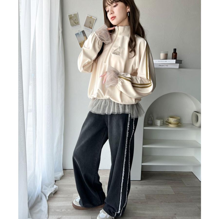 トップス ハーフジップ レディース チュール 刺繍 アノラック サイドライン ワンポイント スポーツ ドッキング アウター オーバーサイズ ゆったり | classicalelf | 04