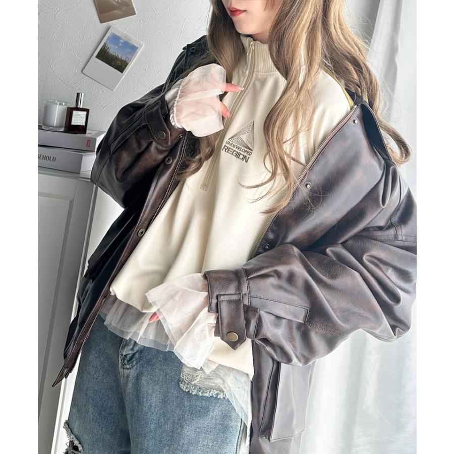 トップス ハーフジップ レディース チュール 刺繍 アノラック サイドライン ワンポイント スポーツ ドッキング アウター オーバーサイズ ゆったり | classicalelf | 05