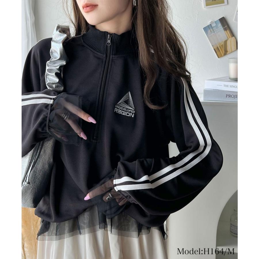 トップス ハーフジップ レディース チュール 刺繍 アノラック サイドライン ワンポイント スポーツ ドッキング アウター オーバーサイズ ゆったり | classicalelf | 06