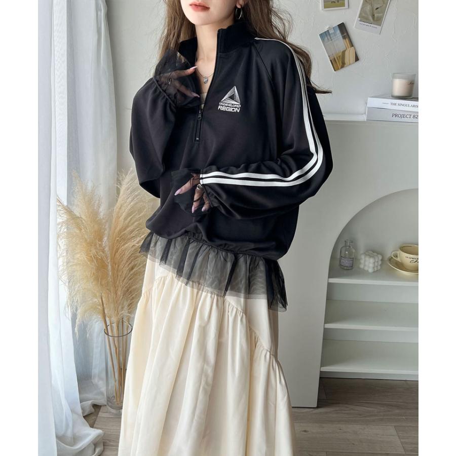 トップス ハーフジップ レディース チュール 刺繍 アノラック サイドライン ワンポイント スポーツ ドッキング アウター オーバーサイズ ゆったり | classicalelf | 08