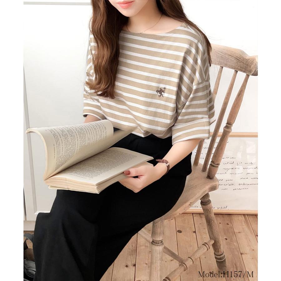 【sustaina+】トップス Tシャツ レディース オーガニック コットン 100% パネル ボーダー Tee 半袖 ゆるっと オーバーサイズ サイド スリット | classicalelf | 10