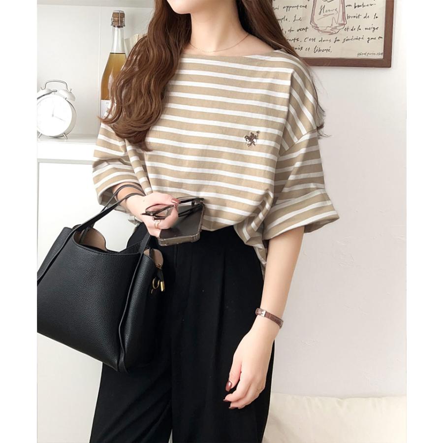 【sustaina+】トップス Tシャツ レディース オーガニック コットン 100% パネル ボーダー Tee 半袖 ゆるっと オーバーサイズ サイド スリット | classicalelf | 11