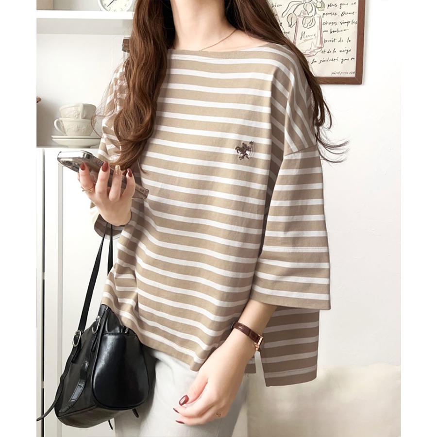 【sustaina+】トップス Tシャツ レディース オーガニック コットン 100% パネル ボーダー Tee 半袖 ゆるっと オーバーサイズ サイド スリット | classicalelf | 12