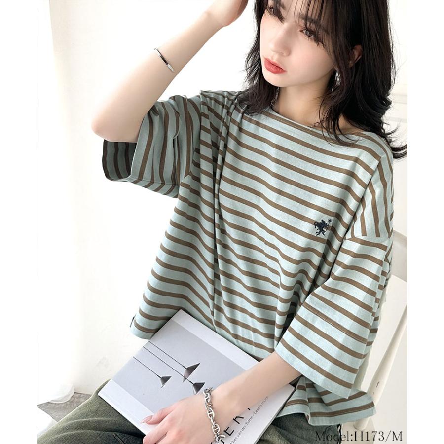 【sustaina+】トップス Tシャツ レディース オーガニック コットン 100% パネル ボーダー Tee 半袖 ゆるっと オーバーサイズ サイド スリット | classicalelf | 13