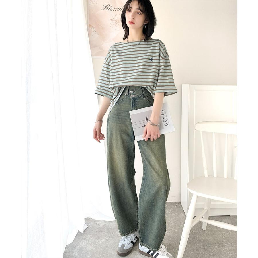 【sustaina+】トップス Tシャツ レディース オーガニック コットン 100% パネル ボーダー Tee 半袖 ゆるっと オーバーサイズ サイド スリット | classicalelf | 14