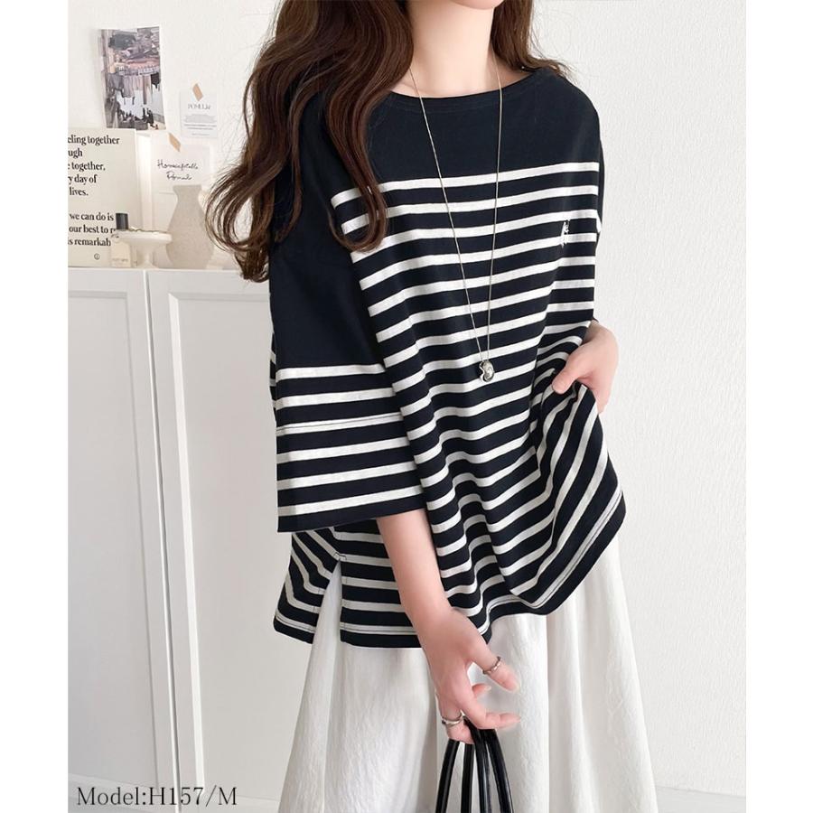 【sustaina+】トップス Tシャツ レディース オーガニック コットン 100% パネル ボーダー Tee 半袖 ゆるっと オーバーサイズ サイド スリット | classicalelf | 16