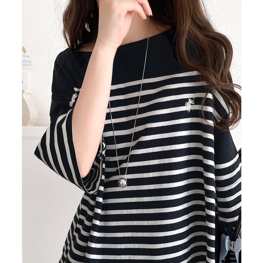 【sustaina+】トップス Tシャツ レディース オーガニック コットン 100% パネル ボーダー Tee 半袖 ゆるっと オーバーサイズ サイド スリット | classicalelf | 17