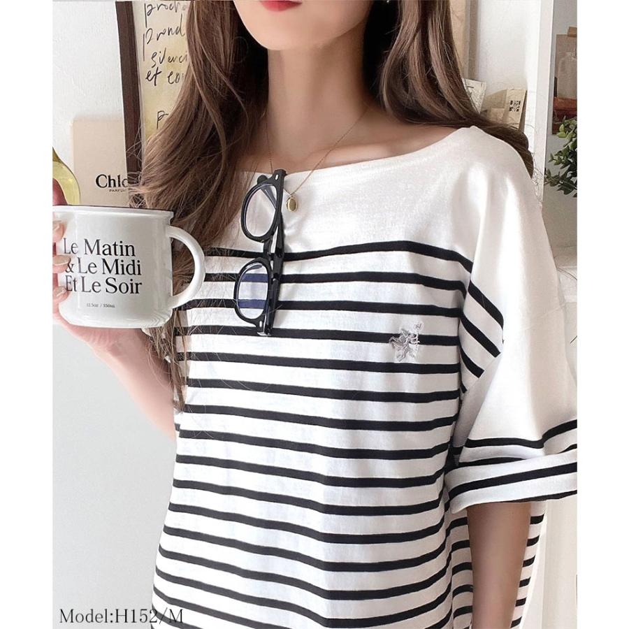 【sustaina+】トップス Tシャツ レディース オーガニック コットン 100% パネル ボーダー Tee 半袖 ゆるっと オーバーサイズ サイド スリット | classicalelf | 04