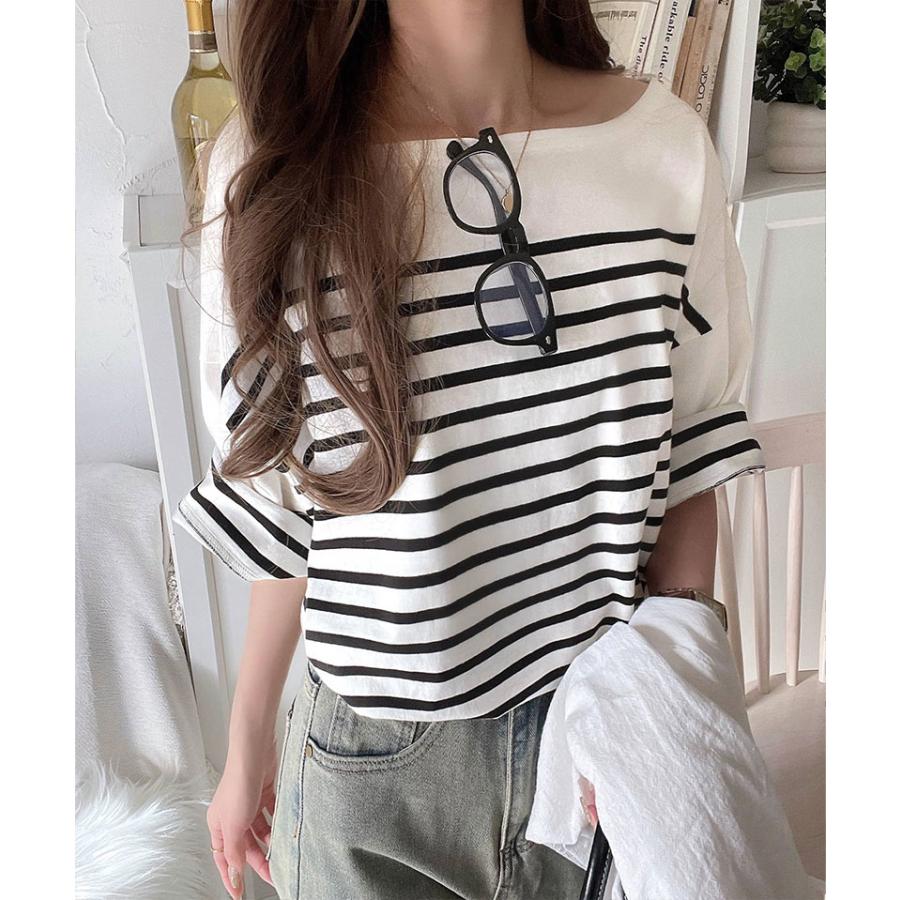 【sustaina+】トップス Tシャツ レディース オーガニック コットン 100% パネル ボーダー Tee 半袖 ゆるっと オーバーサイズ サイド スリット | classicalelf | 05