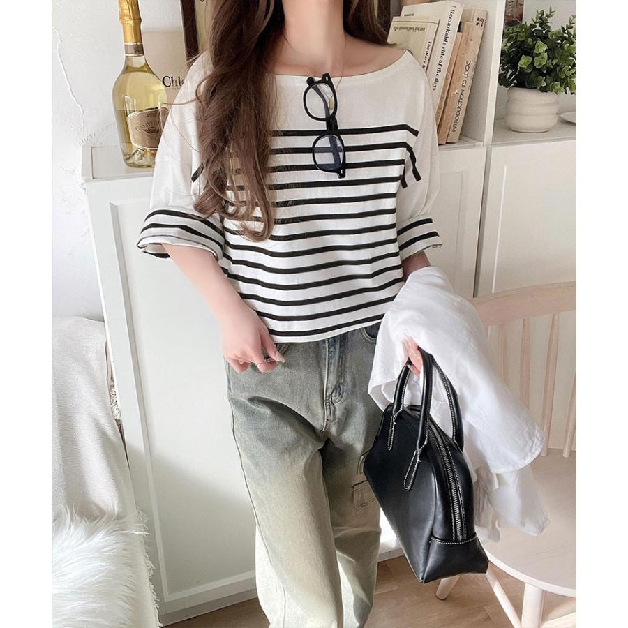 【sustaina+】トップス Tシャツ レディース オーガニック コットン 100% パネル ボーダー Tee 半袖 ゆるっと オーバーサイズ サイド スリット | classicalelf | 06