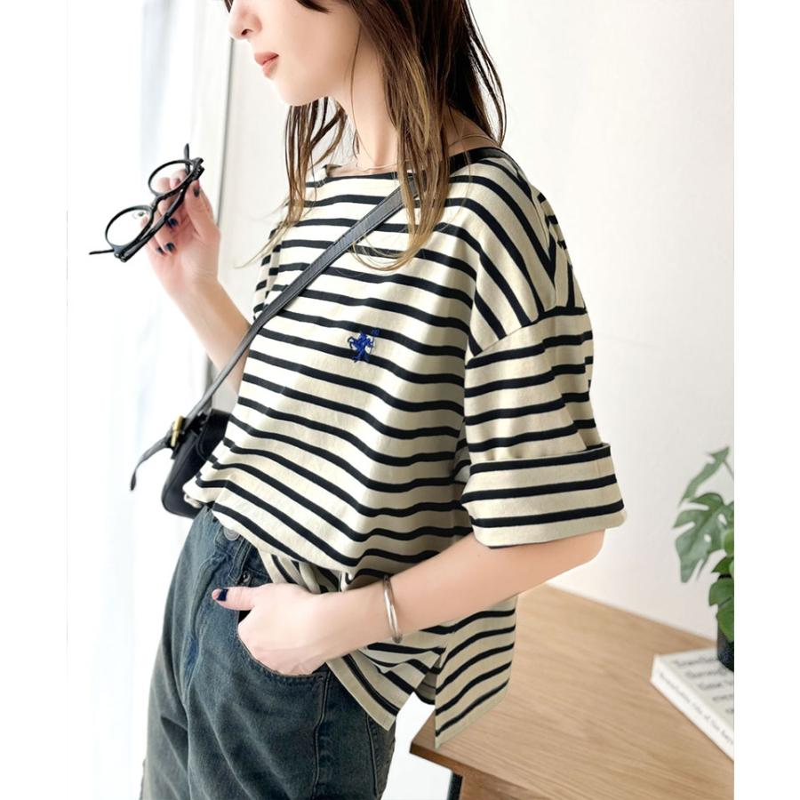 【sustaina+】トップス Tシャツ レディース オーガニック コットン 100% パネル ボーダー Tee 半袖 ゆるっと オーバーサイズ サイド スリット | classicalelf | 08