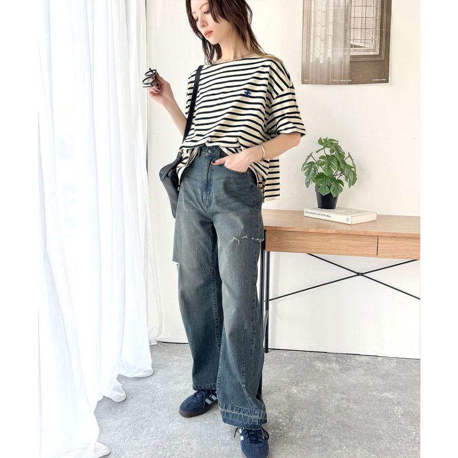 【sustaina+】トップス Tシャツ レディース オーガニック コットン 100% パネル ボーダー Tee 半袖 ゆるっと オーバーサイズ サイド スリット | classicalelf | 09