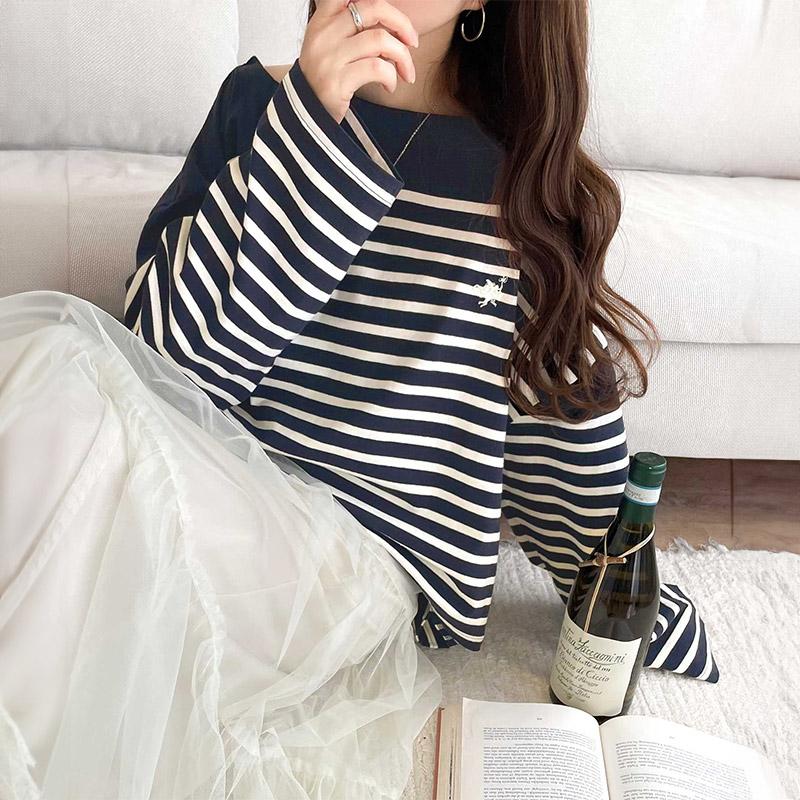 トップス Tシャツ レディース カットソー コットン100％ 綿 ボーダー ボートネック オーガニックコットン パネル 長袖 シンプル カジュアル | classicalelf