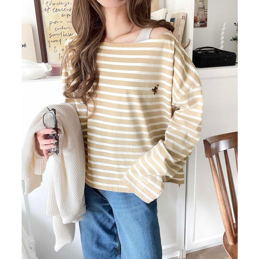 トップス Tシャツ レディース カットソー コットン100％ 綿 ボーダー ボートネック オーガニックコットン パネル 長袖 シンプル カジュアル | classicalelf | 10