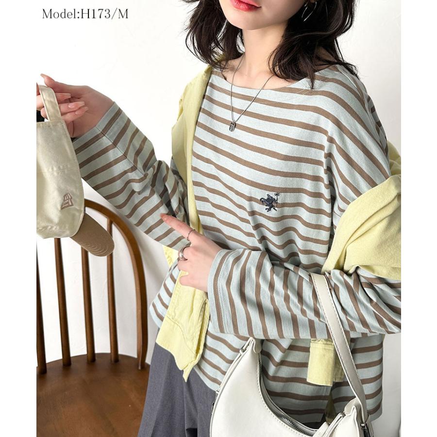 トップス Tシャツ レディース カットソー コットン100％ 綿 ボーダー ボートネック オーガニックコットン パネル 長袖 シンプル カジュアル | classicalelf | 11