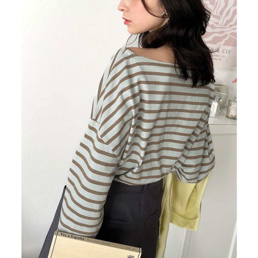 トップス Tシャツ レディース カットソー コットン100％ 綿 ボーダー ボートネック オーガニックコットン パネル 長袖 シンプル カジュアル | classicalelf | 12