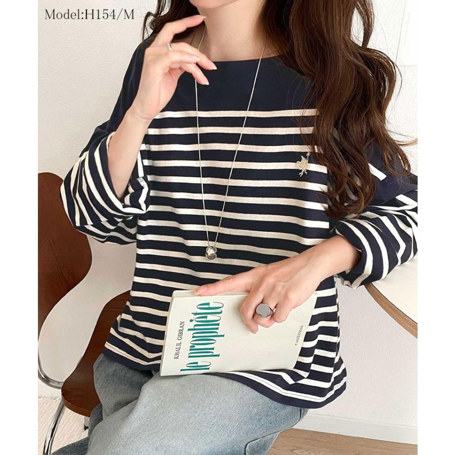 トップス Tシャツ レディース カットソー コットン100％ 綿 ボーダー ボートネック オーガニックコットン パネル 長袖 シンプル カジュアル | classicalelf | 13
