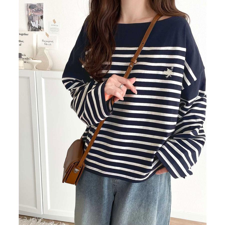 トップス Tシャツ レディース カットソー コットン100％ 綿 ボーダー ボートネック オーガニックコットン パネル 長袖 シンプル カジュアル | classicalelf | 15