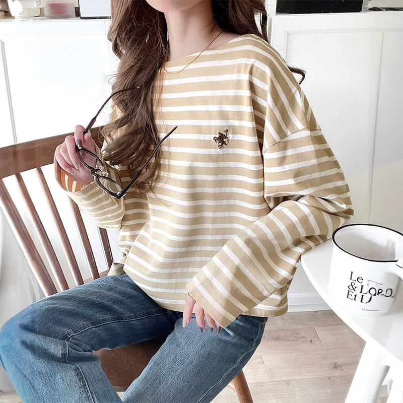 トップス Tシャツ レディース カットソー コットン100％ 綿 ボーダー ボートネック オーガニックコットン パネル 長袖 シンプル カジュアル | classicalelf | 18