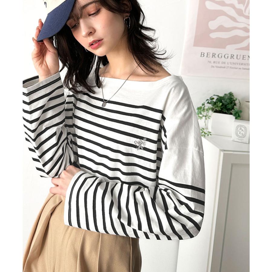 トップス Tシャツ レディース カットソー コットン100％ 綿 ボーダー ボートネック オーガニックコットン パネル 長袖 シンプル カジュアル | classicalelf | 03