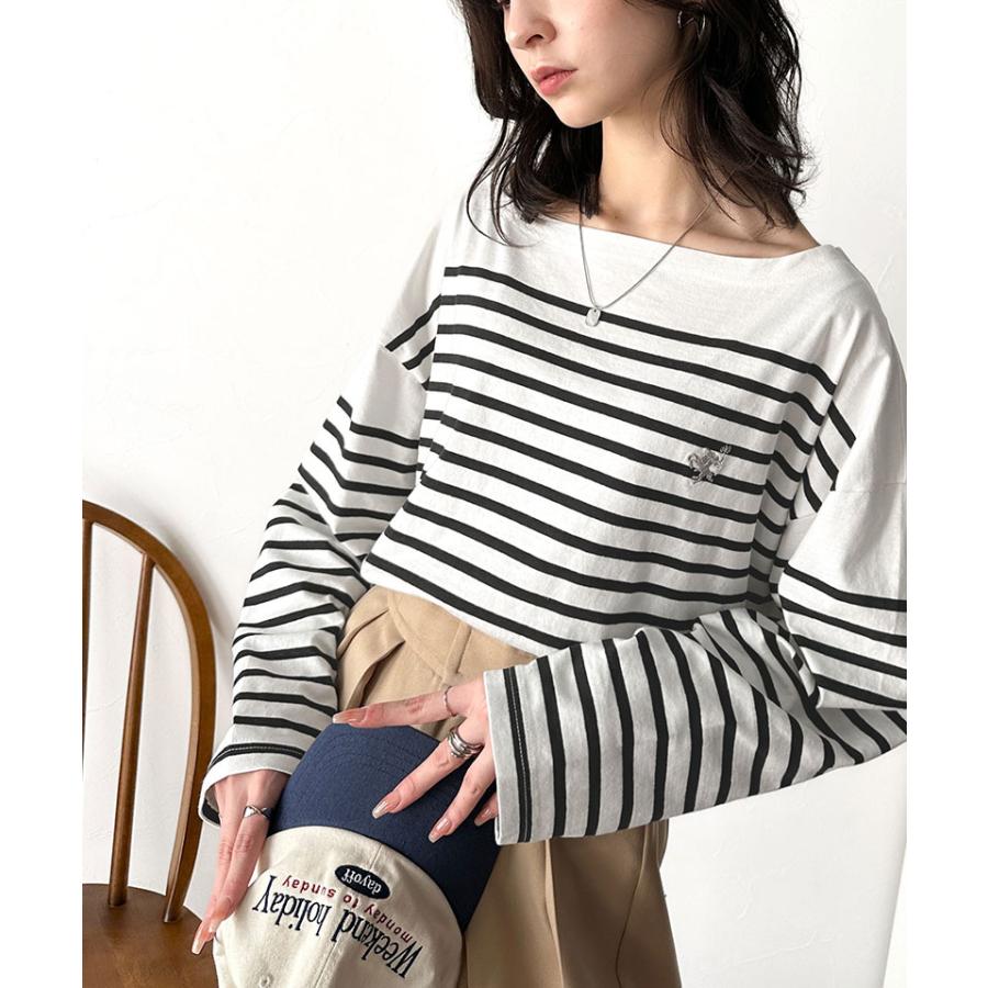 トップス Tシャツ レディース カットソー コットン100％ 綿 ボーダー ボートネック オーガニックコットン パネル 長袖 シンプル カジュアル | classicalelf | 04