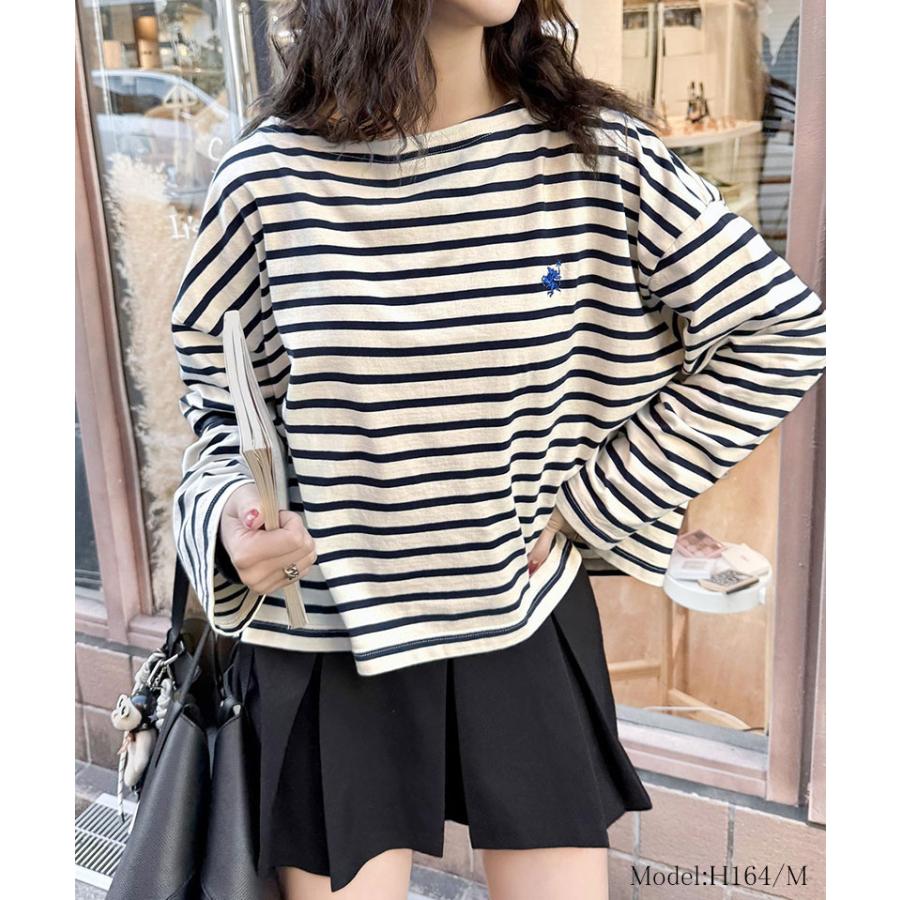 トップス Tシャツ レディース カットソー コットン100％ 綿 ボーダー ボートネック オーガニックコットン パネル 長袖 シンプル カジュアル | classicalelf | 05