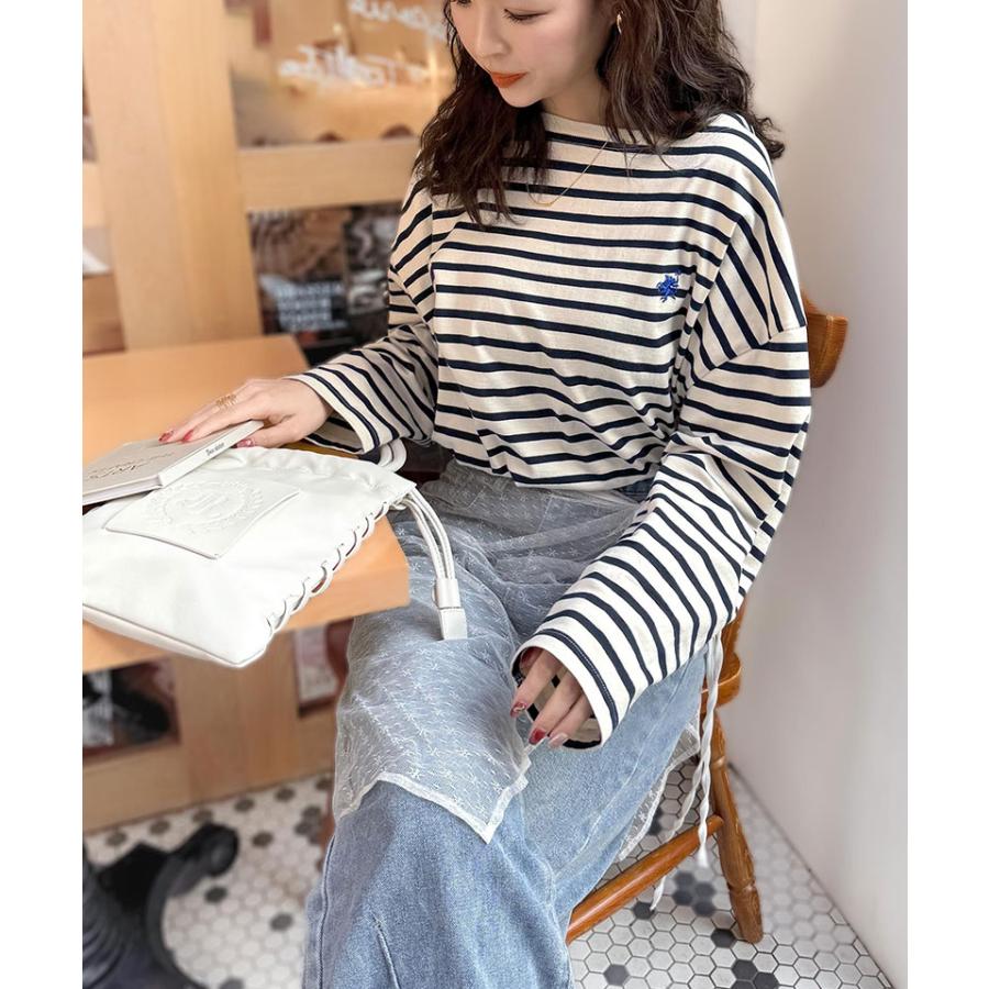 トップス Tシャツ レディース カットソー コットン100％ 綿 ボーダー ボートネック オーガニックコットン パネル 長袖 シンプル カジュアル | classicalelf | 06