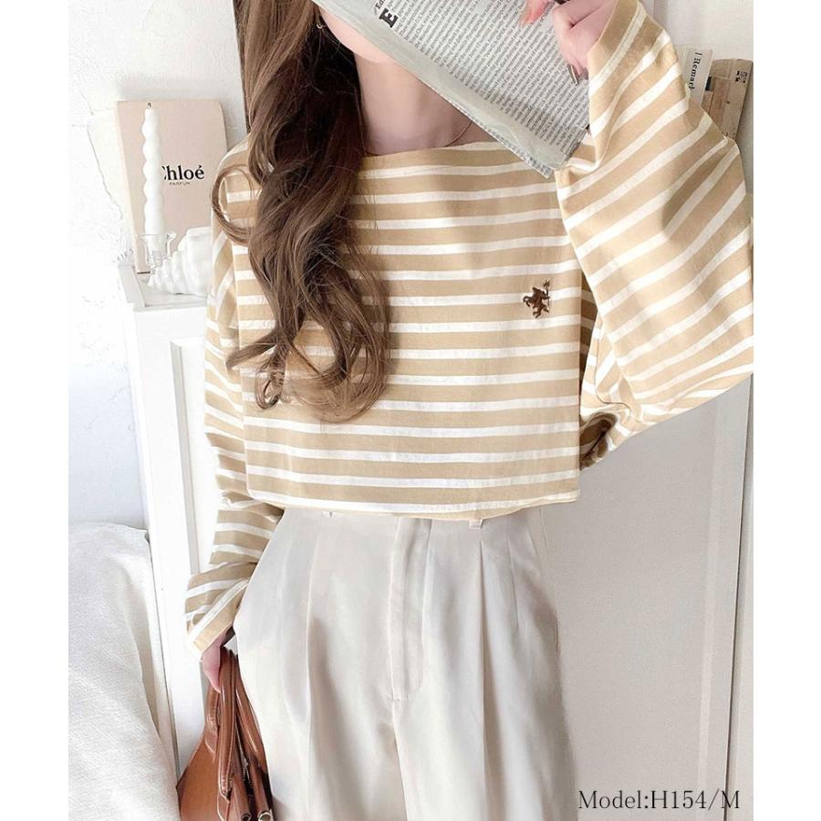 トップス Tシャツ レディース カットソー コットン100％ 綿 ボーダー ボートネック オーガニックコットン パネル 長袖 シンプル カジュアル | classicalelf | 08