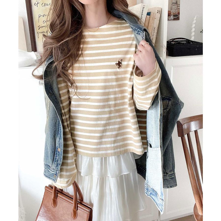 トップス Tシャツ レディース カットソー コットン100％ 綿 ボーダー ボートネック オーガニックコットン パネル 長袖 シンプル カジュアル | classicalelf | 09