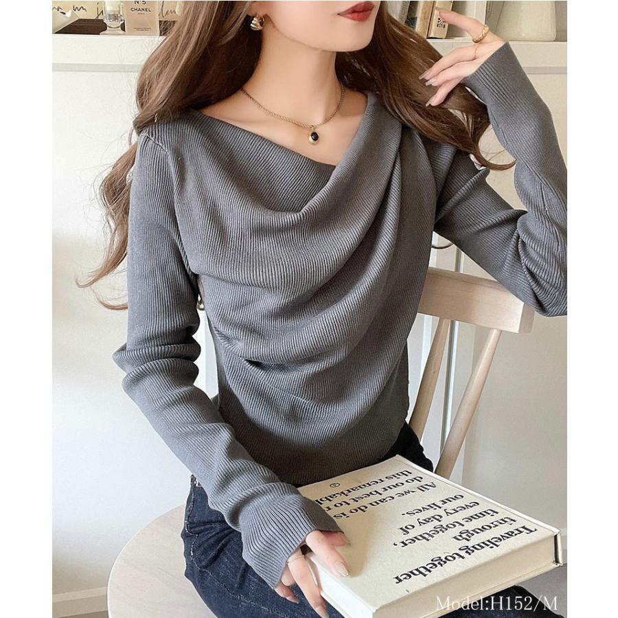 トップス ニット レディース 胸元 ドレープ デザイン プルオーバー 肌触り 柔らか 華奢魅せ スタイルアップ 着回し オーバーサイズ 大きい | classicalelf | 10