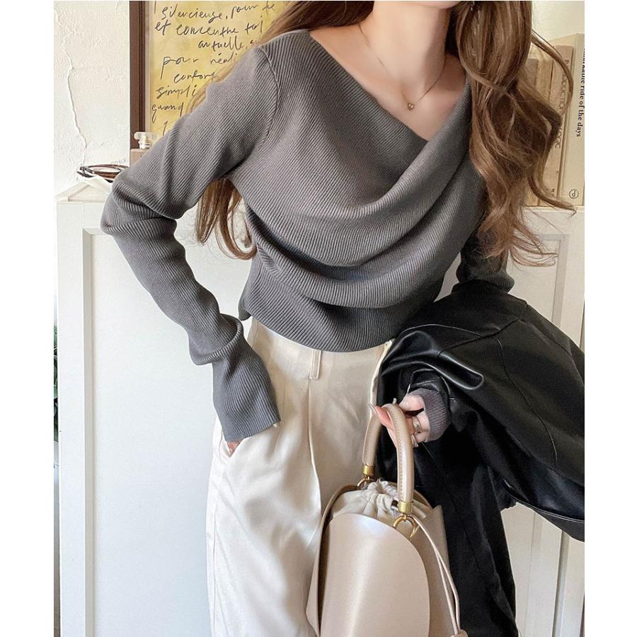 トップス ニット レディース 胸元 ドレープ デザイン プルオーバー 肌触り 柔らか 華奢魅せ スタイルアップ 着回し オーバーサイズ 大きい | classicalelf | 11