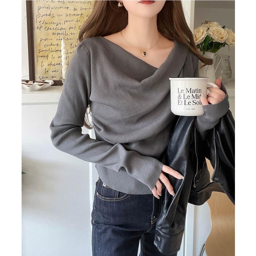 トップス ニット レディース 胸元 ドレープ デザイン プルオーバー 肌触り 柔らか 華奢魅せ スタイルアップ 着回し オーバーサイズ 大きい | classicalelf | 12