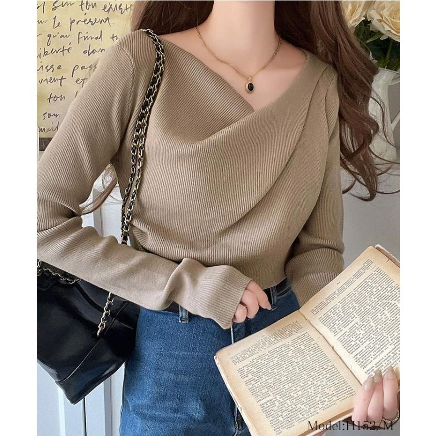 トップス ニット レディース 胸元 ドレープ デザイン プルオーバー 肌触り 柔らか 華奢魅せ スタイルアップ 着回し オーバーサイズ 大きい | classicalelf | 13