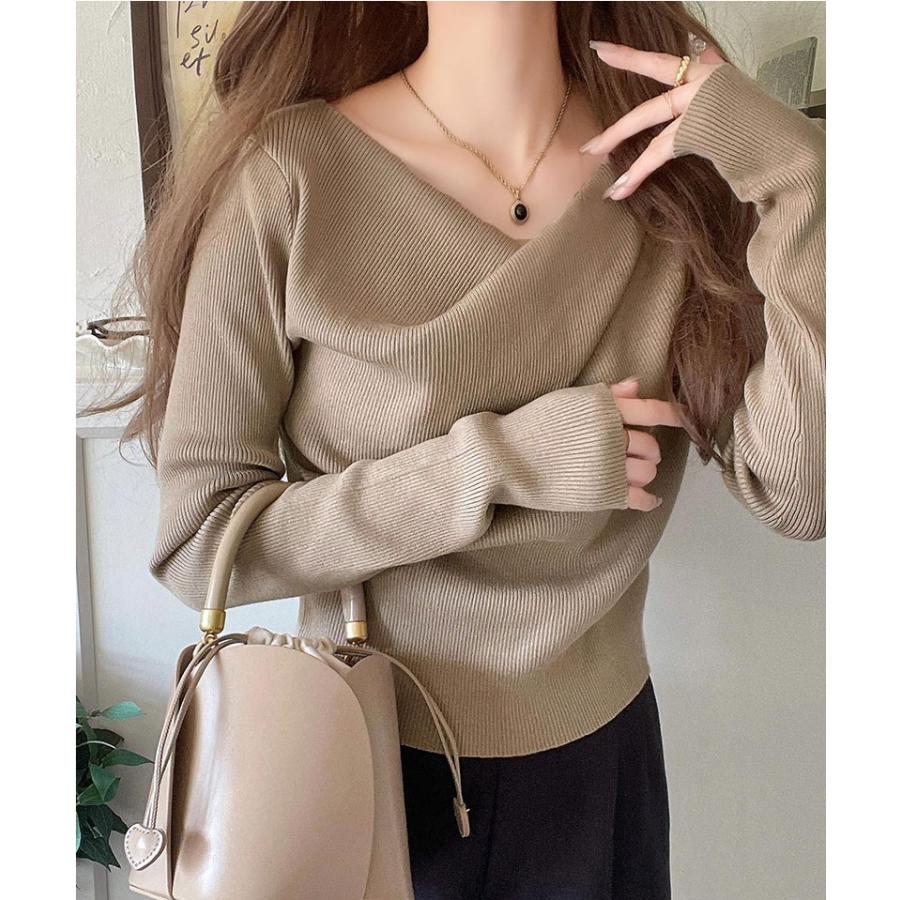 トップス ニット レディース 胸元 ドレープ デザイン プルオーバー 肌触り 柔らか 華奢魅せ スタイルアップ 着回し オーバーサイズ 大きい | classicalelf | 14