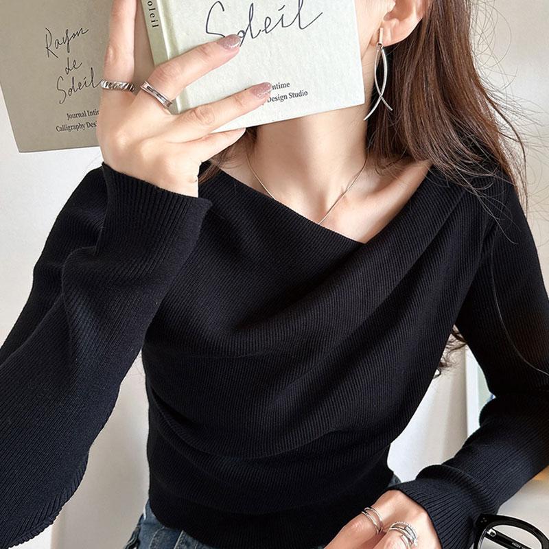 トップス ニット レディース 胸元 ドレープ デザイン プルオーバー 肌触り 柔らか 華奢魅せ スタイルアップ 着回し オーバーサイズ 大きい | classicalelf | 18
