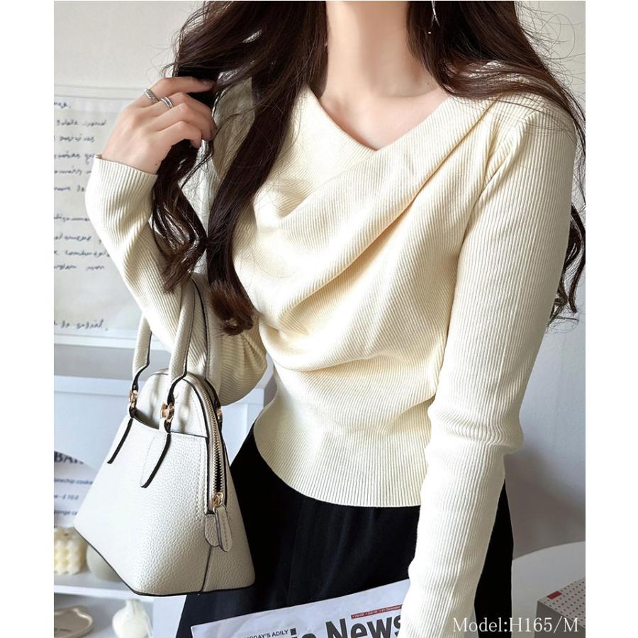 トップス ニット レディース 胸元 ドレープ デザイン プルオーバー 肌触り 柔らか 華奢魅せ スタイルアップ 着回し オーバーサイズ 大きい | classicalelf | 02