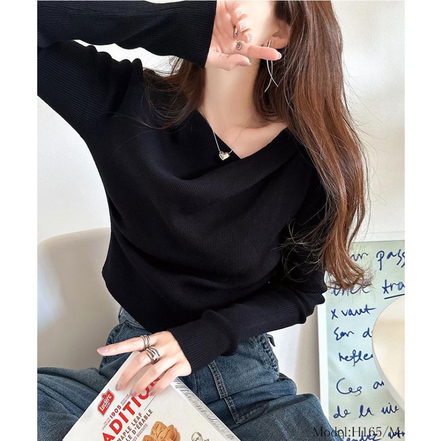 トップス ニット レディース 胸元 ドレープ デザイン プルオーバー 肌触り 柔らか 華奢魅せ スタイルアップ 着回し オーバーサイズ 大きい | classicalelf | 06