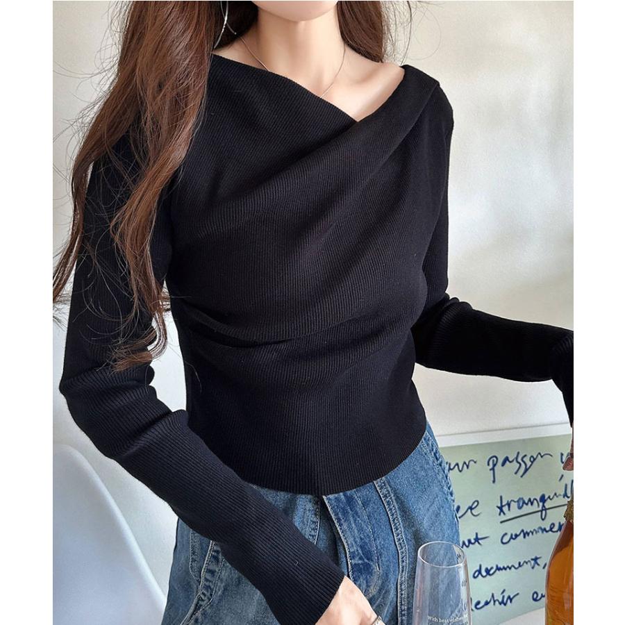 トップス ニット レディース 胸元 ドレープ デザイン プルオーバー 肌触り 柔らか 華奢魅せ スタイルアップ 着回し オーバーサイズ 大きい | classicalelf | 09