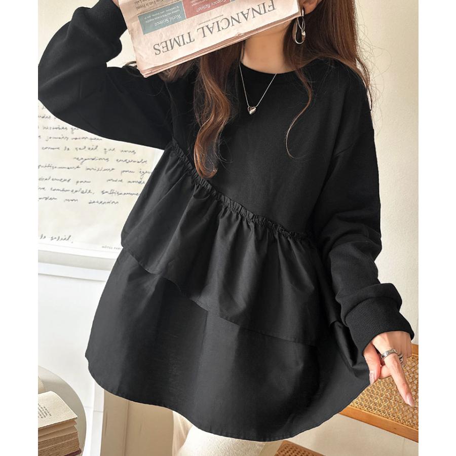 トップス Tシャツ レディース アシンメトリー 異素材 切替 ティアード 布帛 フリル 裏毛 プルオーバー 着回し レイヤードコーデ オーバーサイズ | classicalelf | 10
