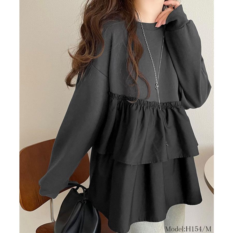 トップス Tシャツ レディース アシンメトリー 異素材 切替 ティアード 布帛 フリル 裏毛 プルオーバー 着回し レイヤードコーデ オーバーサイズ | classicalelf | 12